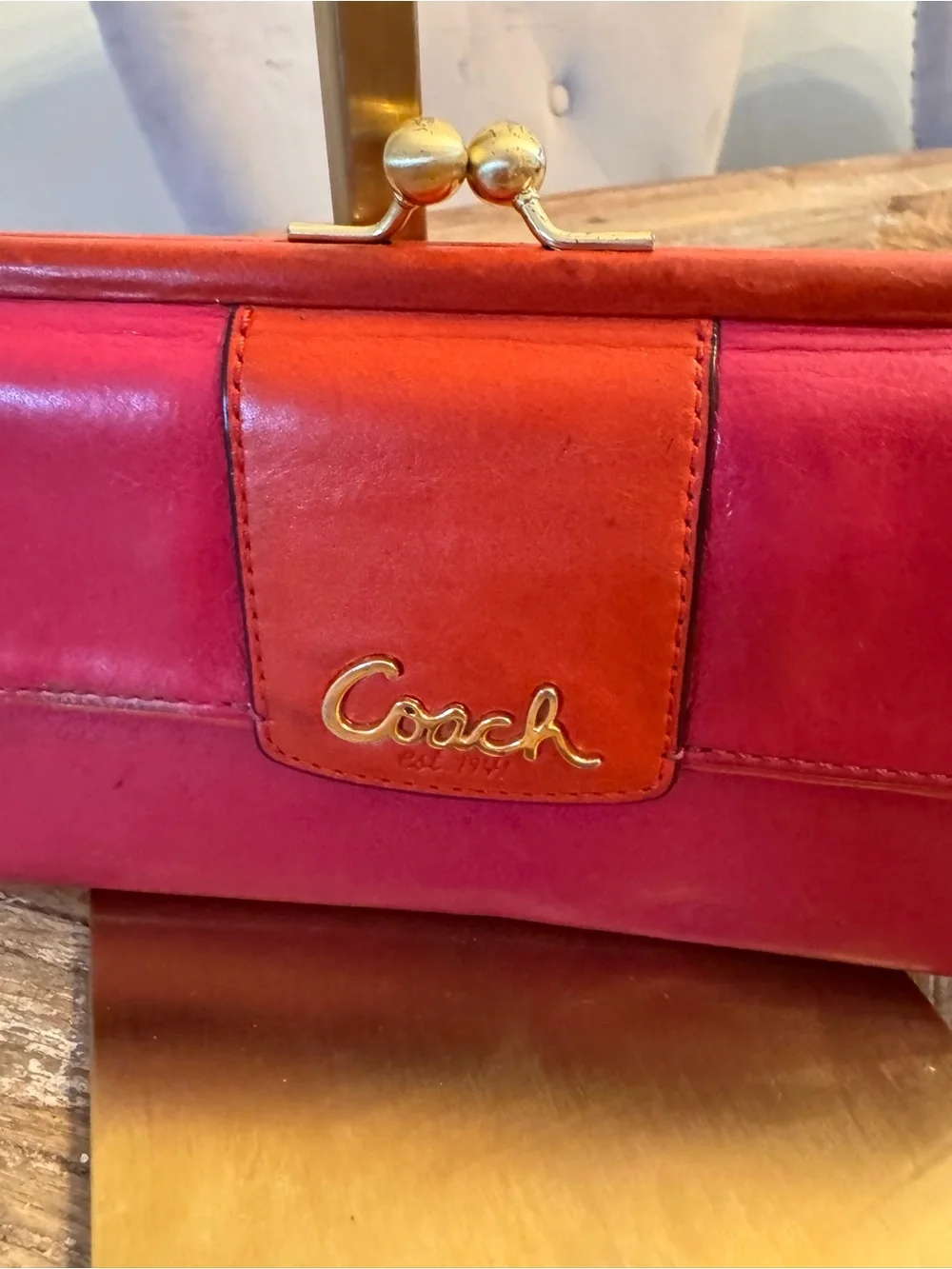Coach Red and Orange Kiss-Lock Wallet with Gold-Tone Logo